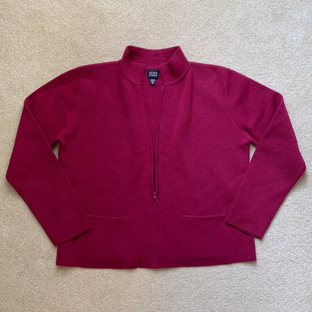 Eileen Fisher 100% Wool Zip Long Sleeve Cardigan